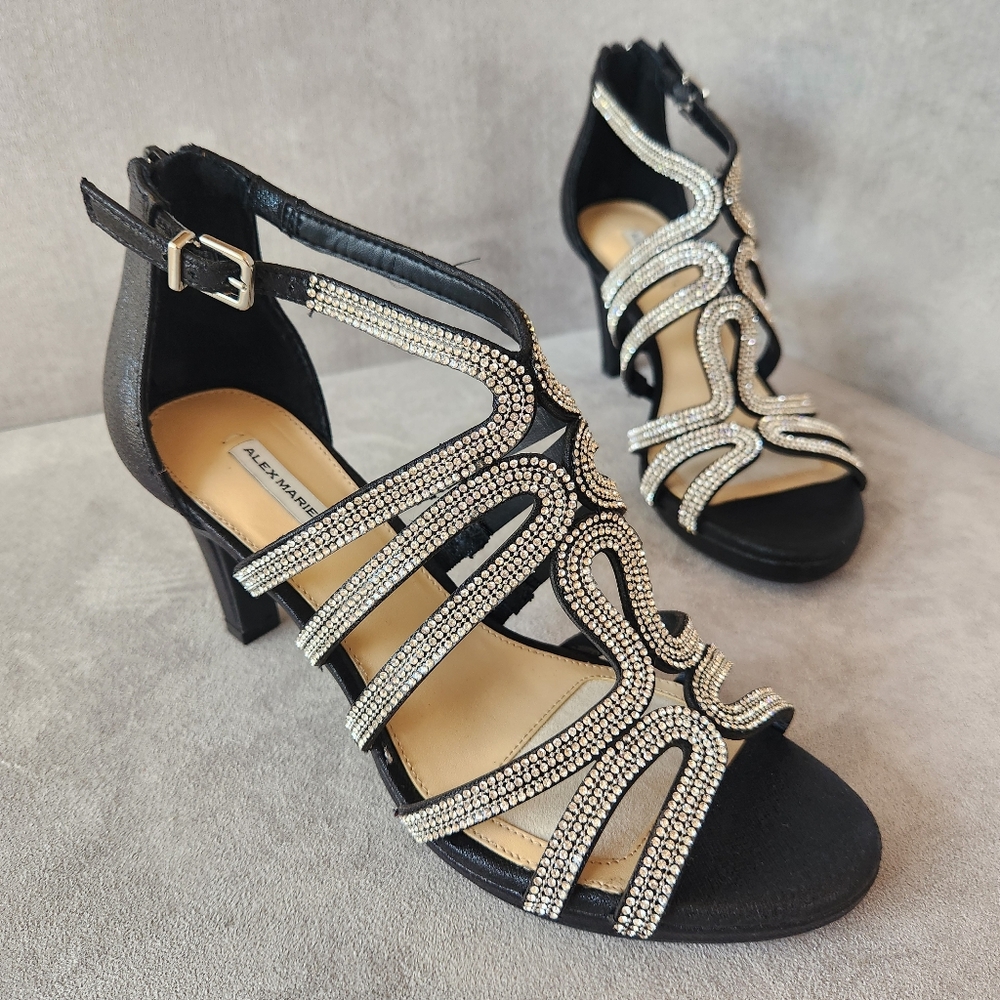Alex Marie Heeled Sandals 7.5 Black Embellished Lillie Rhinestones Dressy New